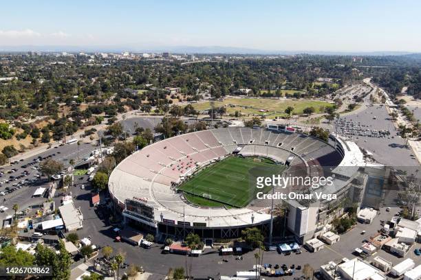 An aerial view of Rose Bowl Stadium prior to the Mexico National Team training session at Rose Bowl Stadium on September 22, 2022 in Pasadena,...