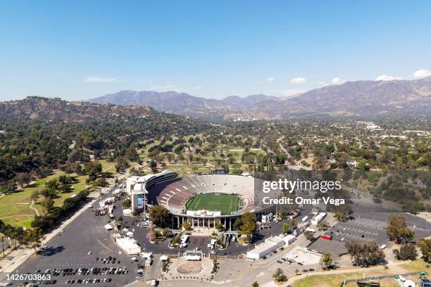 An aerial view of Rose Bowl Stadium prior to the Mexico National Team training session at Rose Bowl Stadium on September 22, 2022 in Pasadena,...