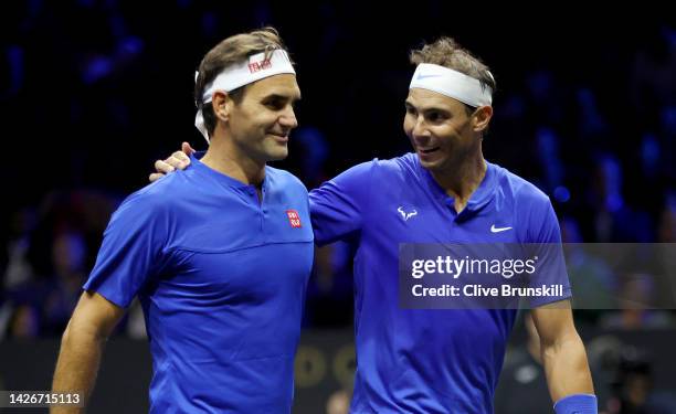 Roger Federer and Rafael Nadal of Team Europe interact during the doubles match between Jack Sock and Frances Tiafoe of Team World and Roger Federer...