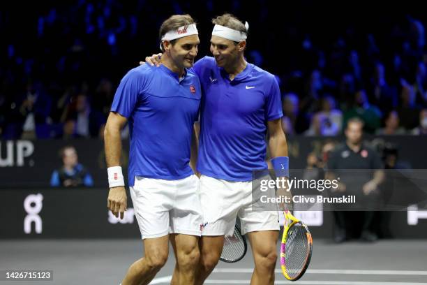Roger Federer and Rafael Nadal of Team Europe interact during the doubles match between Jack Sock and Frances Tiafoe of Team World and Roger Federer...