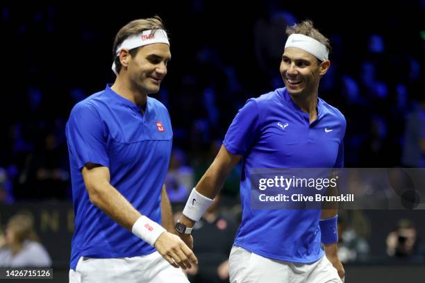 Roger Federer and Rafael Nadal of Team Europe interact during the doubles match between Jack Sock and Frances Tiafoe of Team World and Roger Federer...