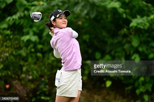 Haruka Kawasaki of Japan hits her tee shot on the 2nd hole during the second round of Miyagi TV Cup Dunlop Ladies Open at Rifu Golf Club Mihama...