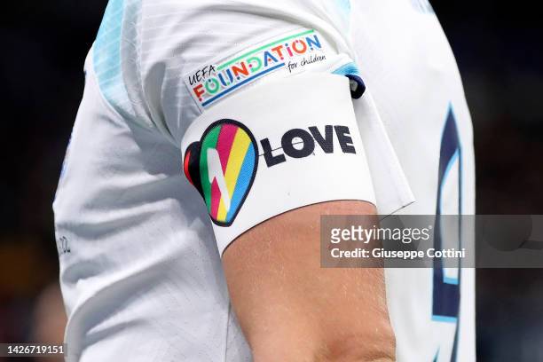 Detailed view of the ONE LOVE Captains Arm during the UEFA Nations League League A Group 3 match between Italy and England at San Siro on September...