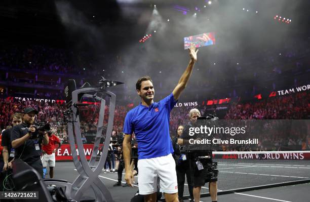 Roger Federer of Team Europe shows emotion as he acknowledges the crowd following his final match during Day One of the Laver Cup at The O2 Arena on...