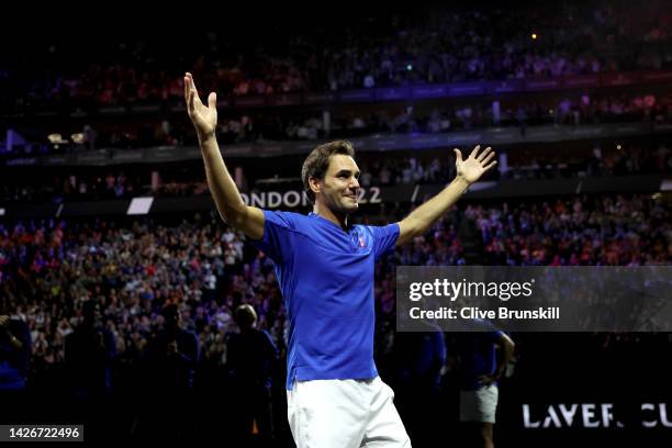 Roger Federer of Team Europe shows emotion as he acknowledges the crowd following his final match during Day One of the Laver Cup at The O2 Arena on...