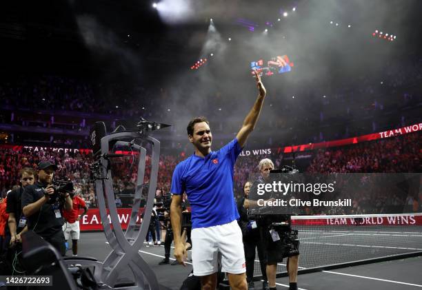 Roger Federer of Team Europe shows emotion as they acknowledge the crowd following their final match during Day One of the Laver Cup at The O2 Arena...