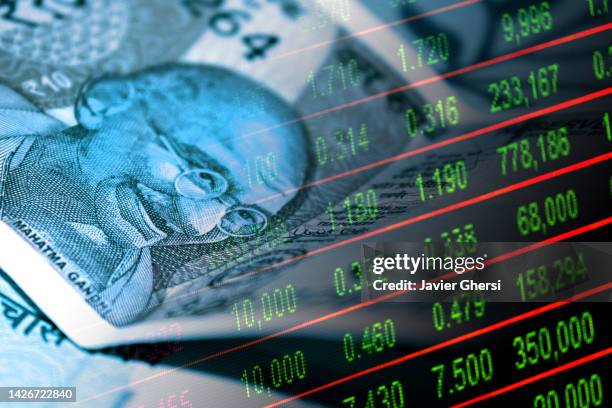 indian rupee cash bills and stock market indicator board - indian market photos et images de collection