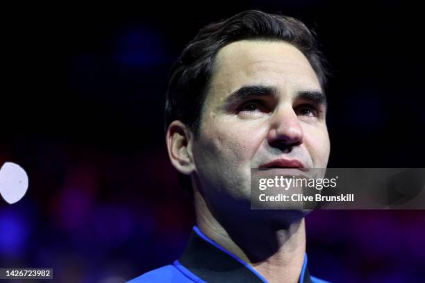 Roger Federer of Team Europe shows emotion following their final match during Day One of the Laver Cup at The O2 Arena on September 23, 2022 in...