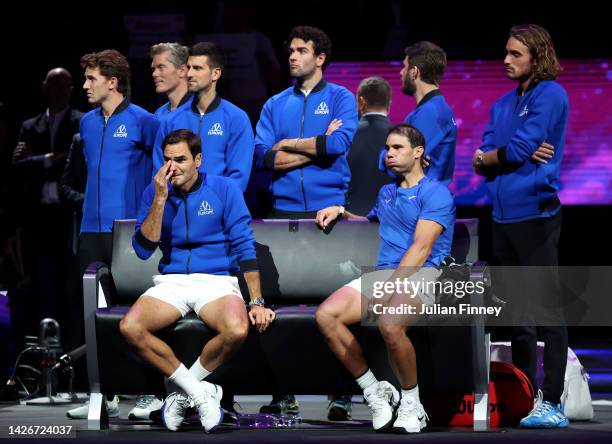 Roger Federer of Team Europe shows emotion alongside their team mates following their final match during Day One of the Laver Cup at The O2 Arena on...