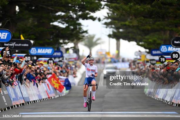 Zoe Backstedt of United Kingdom celebrates winning during the 95th UCI Road World Championships 2022 - Women Junior Road Race a 67,2km one day race...