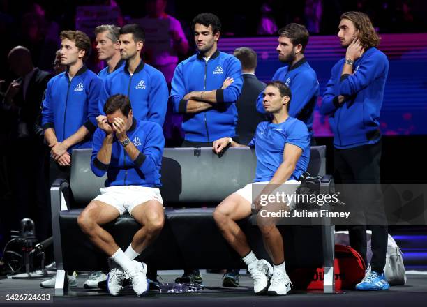 Roger Federer of Team Europe shows emotion alongside their team mates following their final match during Day One of the Laver Cup at The O2 Arena on...