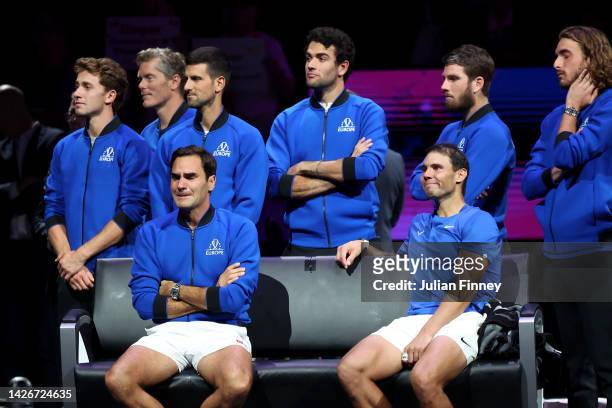 Roger Federer of Team Europe shows emotion alongside their team mates following their final match during Day One of the Laver Cup at The O2 Arena on...