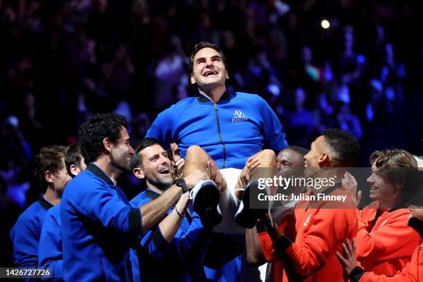 Roger Federer of Team Europe shows emotion as they are serenaded by players of both Team Europe and Team World during Day One of the Laver Cup at The...