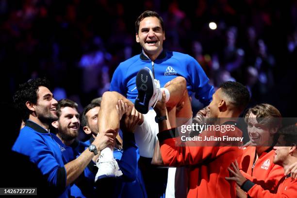 Roger Federer of Team Europe shows emotion as they are serenaded by players of both Team Europe and Team World during Day One of the Laver Cup at The...