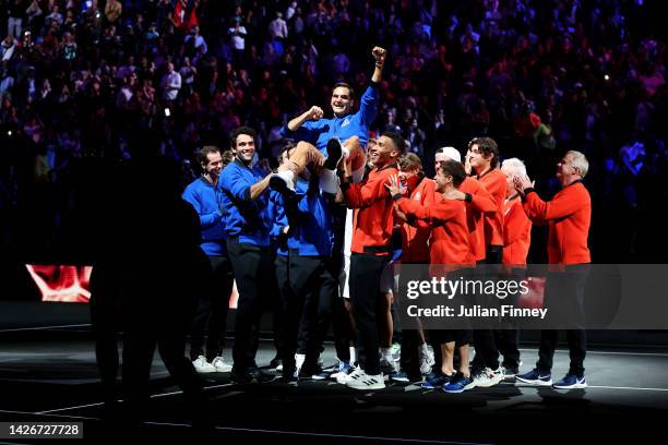 Roger Federer of Team Europe shows emotion as they are serenaded by players of both Team Europe and Team World during Day One of the Laver Cup at The...