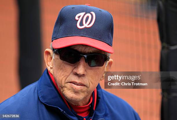 Manager Davey Johnson of the Washington Nationals looks on from the dugout against the New York Mets at Citi Field on April 11, 2012 in the Flushing...