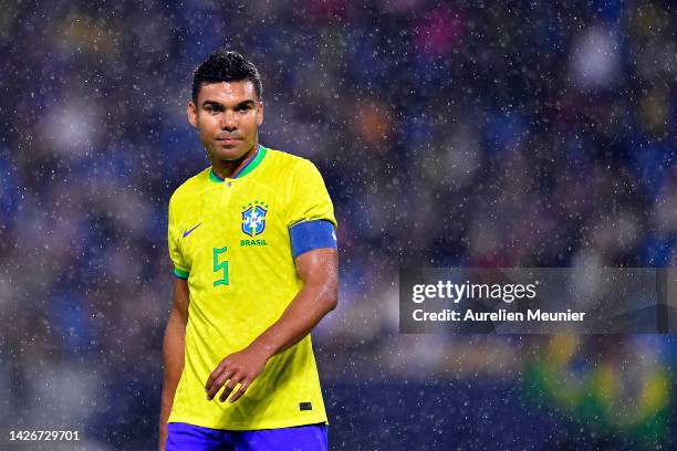 Casemiro of Brazil looks on during the international friendly match between Brazil and Ghana at Stade Oceane on September 23, 2022 in Le Havre,...