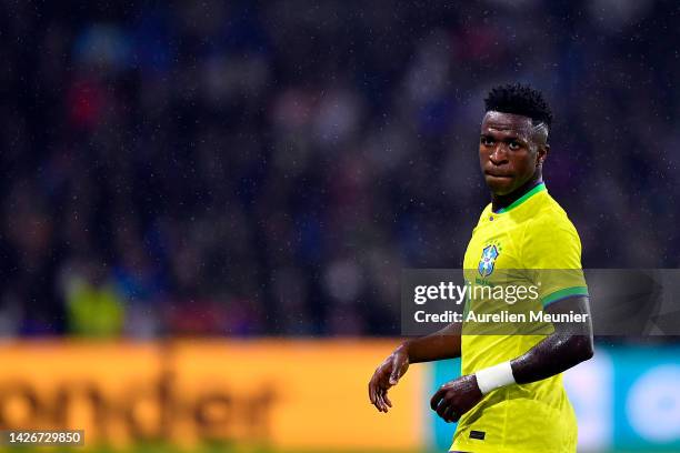 Vinicius Jr of Brazil looks on during the international friendly match between Brazil and Ghana at Stade Oceane on September 23, 2022 in Le Havre,...