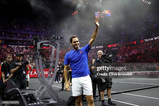 Roger Federer of Team Europe shows emotion as they acknowledge the crowd following their final match during Day One of the Laver Cup at The O2 Arena...