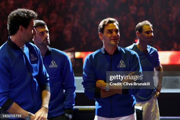 Roger Federer of Team Europe shows emotion following their final match during Day One of the Laver Cup at The O2 Arena on September 23, 2022 in...