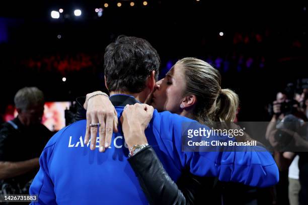 Roger Federer of Team Europe shows emotion as they embrace Partner, Mirka Federer the crowd following their final match during Day One of the Laver...