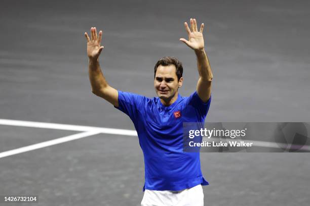 Roger Federer of Team Europe shows emotion as they acknowledge the fans following their final match during Day One of the Laver Cup at The O2 Arena...