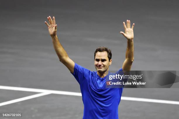 Roger Federer of Team Europe shows emotion as they acknowledge the fans following their final match during Day One of the Laver Cup at The O2 Arena...