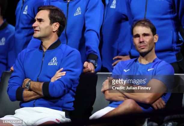 Roger Federer of Team Europe shows emotion alongside Rafael Nadal following their final match during Day One of the Laver Cup at The O2 Arena on...