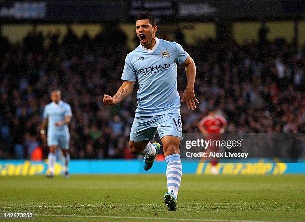 Sergio Aguero of Manchester City celebrates scoring the opening goal during the Barclays Premier League match between Manchester City and West...