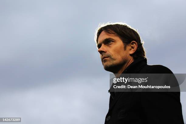 Manager / Coach, Phillip Cocu looks on during the Eredivisie match between RKC Waalwijk and PSV Eindhoven at the Mandemakers Stadion on April 11,...