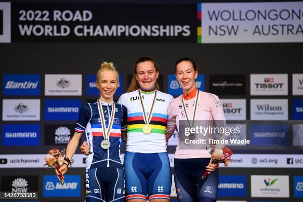 Silver medalists Eglantine Rayer of France, gold medalists Zoe Backstedt of United Kingdom and bronze medalists Nienke Vinke of The Netherlands,...