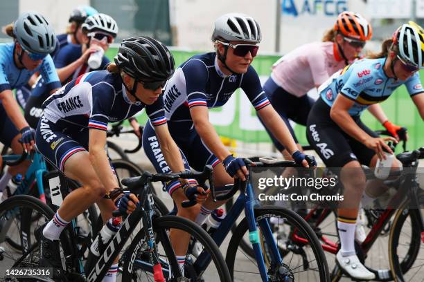 Eglantine Rayer of France and Lise Menage of France compete during the 95th UCI Road World Championships 2022 - Women Junior Road Race a 67,2km one...