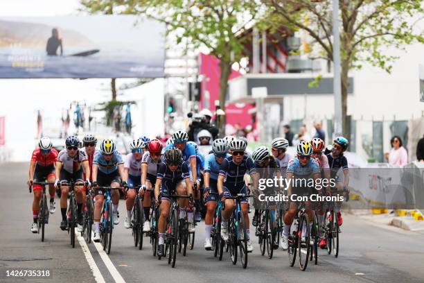 Eglantine Rayer of France, Lise Menage of France and Jade Linthoudt of Belgium compete during the 95th UCI Road World Championships 2022 - Women...