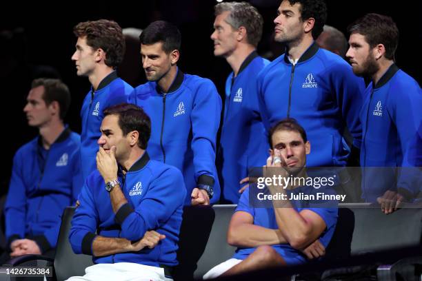 Roger Federer of Team Europe shows emotion alongside Rafael Nadal following his final match during Day One of the Laver Cup at The O2 Arena on...