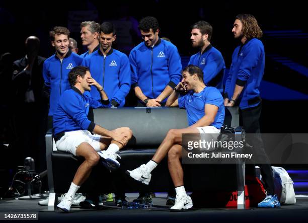 Roger Federer of Team Europe shows emotion alongside Rafael Nadal following his final match during Day One of the Laver Cup at The O2 Arena on...