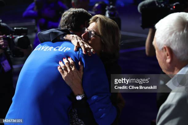 Roger Federer of Team Europe embraces mother Lynette Federer during Day One of the Laver Cup at The O2 Arena on September 23, 2022 in London, England.