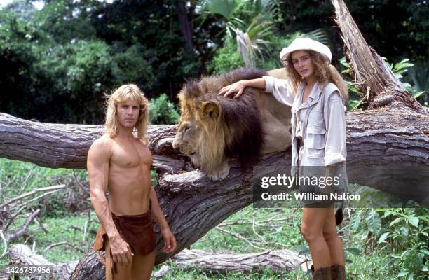 German-Canadian actor, screenwriter, and producer Wolf Larson and French-American model and actress Lydie Denier, pose on the set of the TV series...