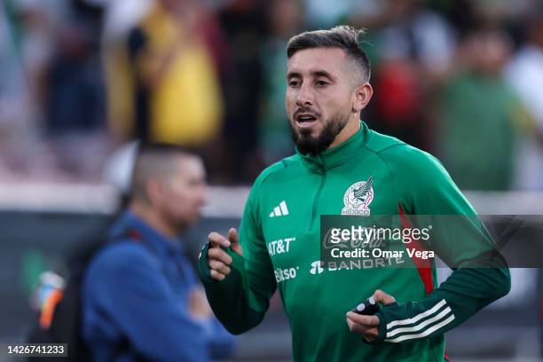 Hector Herrera of Mexico warms up during a training session ahead of a match between Mexico and Peru at Rose Bowl Stadium on September 22, 2022 in...