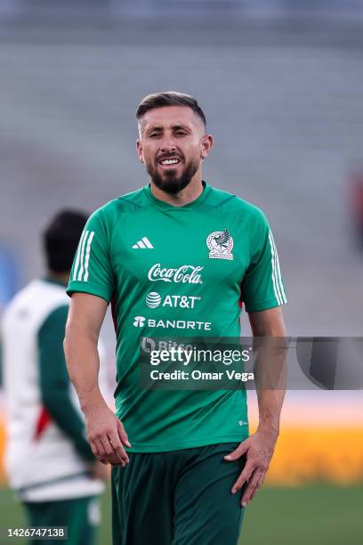 Player of Mexico Hector Herrera gestures during a training session ahead of a match between Mexico and Peru at Rose Bowl Stadium on September 22,...