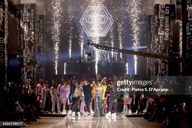 Tommy Lee, Philipp Plein, Paris Jackson, CJ and models walk the runway at the end of the Philipp Plein SS23 Fashion Show during the during the Milan...