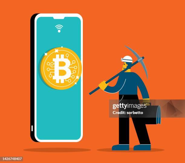 bitcoin mining - broken mobile phone - mining tablet stock illustrations