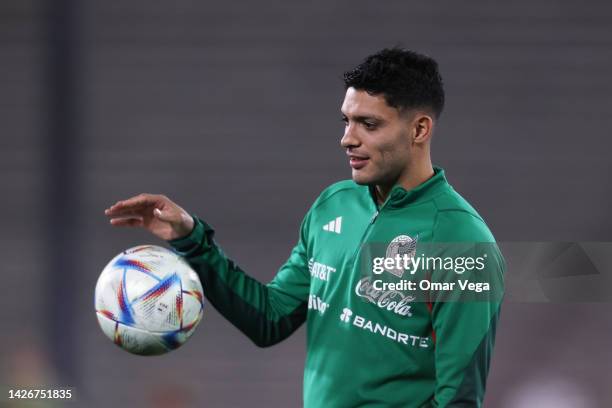 Raul Jimenez of Mexico looks on during a training session ahead of a match between Mexico and Peru at Rose Bowl Stadium on September 22, 2022 in...