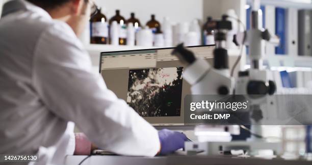 medicine, innovation and neuroscience by man scientist research anatomy, medicine and experiment reaction on computer. health expert study cell and blood activity, work on cancer cure in laboratory - person screened for cancer stock pictures, royalty-free photos & images