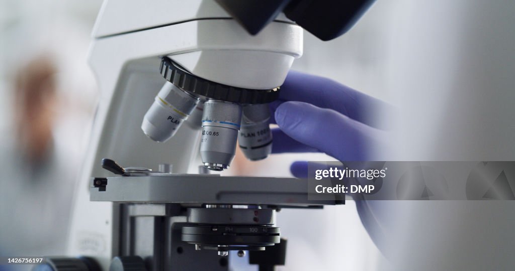 Microscope, travailleur de laboratoire ou science de la recherche pour la pharmacie de la santé, l’étude du cancer ou l’avenir de l’ADN. Zoom sur les mains des scientifiques, l’équipement médical ou les analyses pour le vaccin covid pour l’as
