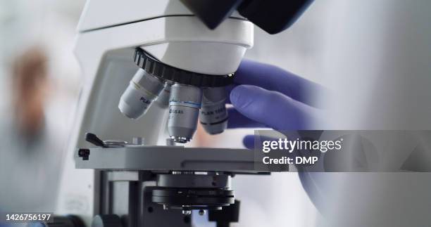 microscope, laboratory worker or research science for healthcare pharmacy medicine, cancer study or dna future. zoom on scientist hands, medical equipment or analytics for covid vaccine for insurance - equipamento de laboratório imagens e fotografias de stock