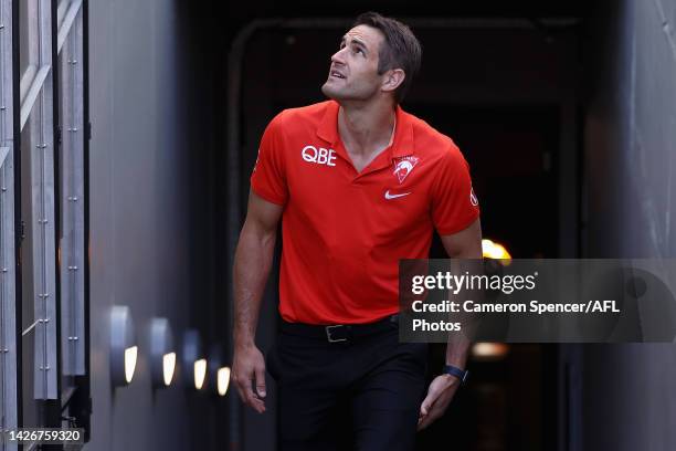 Injured Swans player Josh P. Kennedy walks up the Swans race ahead of the 2022 AFL Grand Final match between the Geelong Cats and the Sydney Swans at...