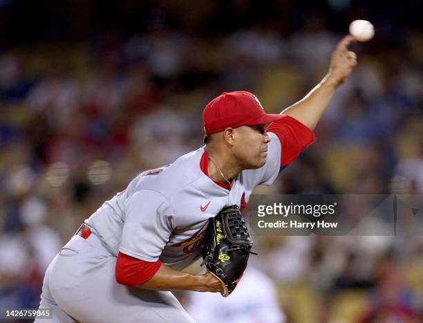 Jose Quintana of the St. Louis Cardinals pitches against the Los Angeles Dodgers during the first inning at Dodger Stadium on September 23, 2022 in...