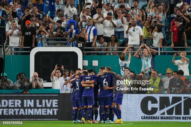 Argentina celebrates after a goal during the first half of international friendly match between Honduras and Argentina at Hard Rock Stadium on...