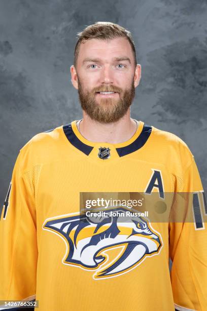 Mattias Ekholm of the Nashville Predators poses for his official headshot for the 2022-2023 season on September 21, 2022 at Bridgestone Arena in...