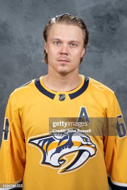 Mikael Granlund of the Nashville Predators poses for his official headshot for the 2022-2023 season on September 21, 2022 at Bridgestone Arena in...